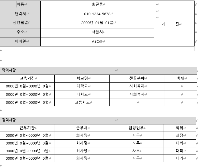 표준 이력서 미리보기